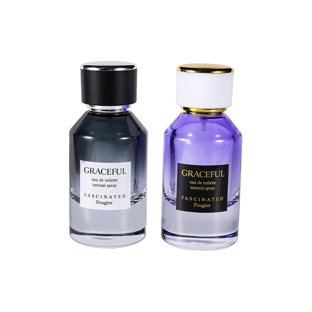 GC4416-WJ2098 50ML Buidéal Cumhráin Gloine Clóbhuailte Brataithe le Leathar, caipín Plaisteach ABS, Líneáil PP UV-cruthúnas